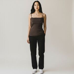 Pretty Girl Solid Brown Off the Shoulder Spaghetti Strap 100% Cotton Blouse L